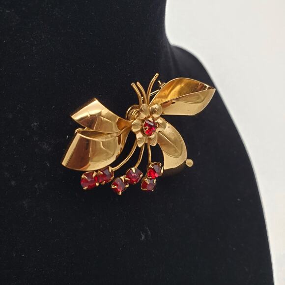Gold Filled Red Rhinestone Brooch Bow Ribbon Pin Jordan 1/20 10K GF Vintage 40s - Picture 7 of 7
